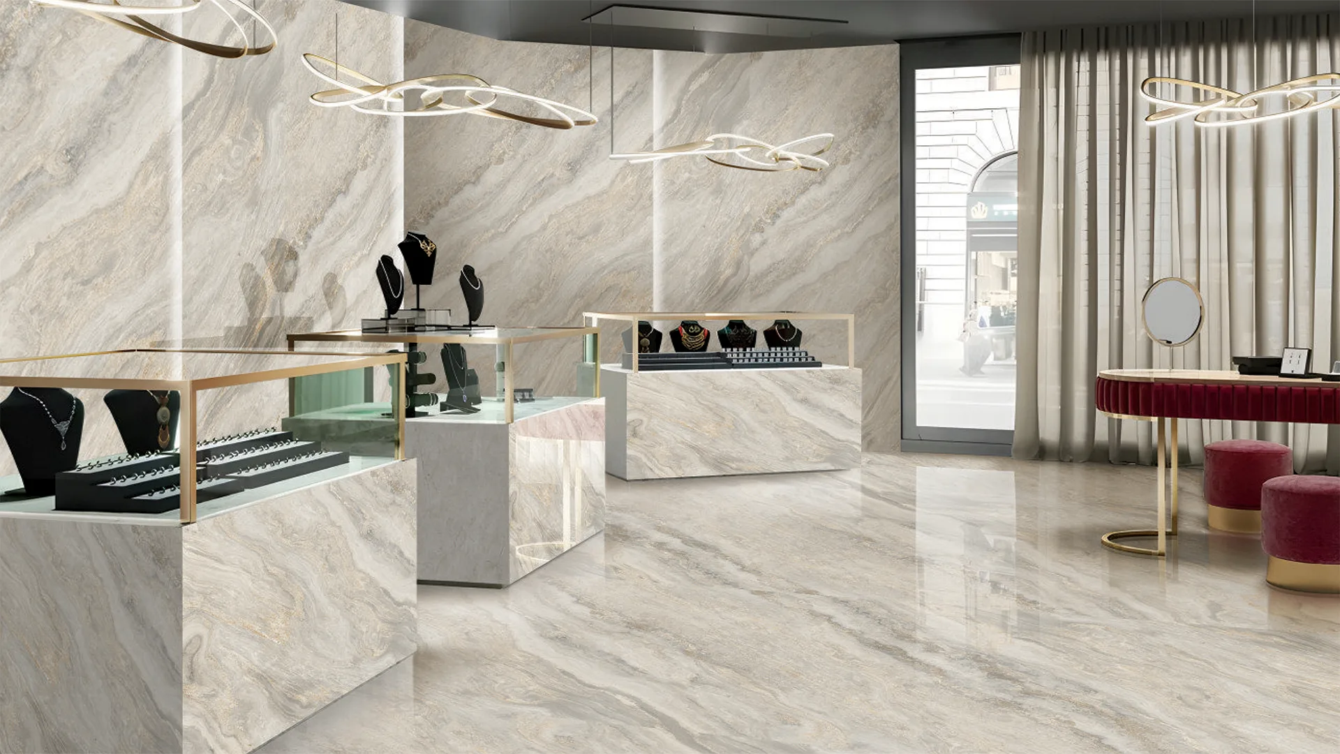 Large format high gloss porcelain slab tiles for floors and walls